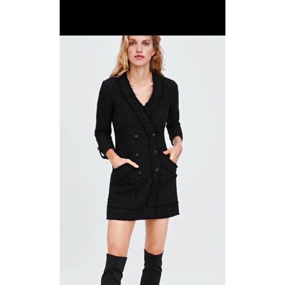 Zara TRF Collection Women’s Black Tweed Blazer Jacket Pockets Lined Size L